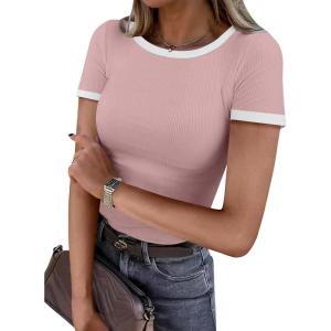 imageDarong Women Summer Short Sleeve Shirts Crewneck Striped Color Block T Shirts Slim Fit Ribbed Knit Basic Tee TopsLight Pink