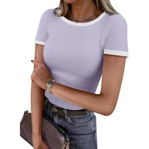 imageDarong Women Summer Short Sleeve Shirts Crewneck Striped Color Block T Shirts Slim Fit Ribbed Knit Basic Tee TopsTaro Purple