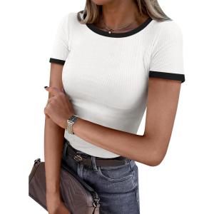 imageDarong Women Summer Short Sleeve Shirts Crewneck Striped Color Block T Shirts Slim Fit Ribbed Knit Basic Tee TopsWhite