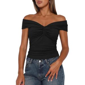 imageDarong Women Summer Twist Knot Front Off The Shoulder Tank Tops Cap Sleeve Going Out Shirts Slim Fitted Y2K OutfitsBlack
