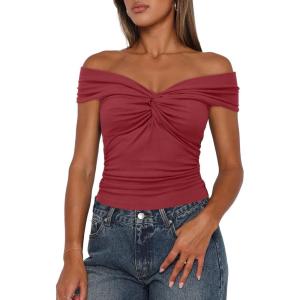 imageDarong Women Summer Twist Knot Front Off The Shoulder Tank Tops Cap Sleeve Going Out Shirts Slim Fitted Y2K OutfitsBrick Red