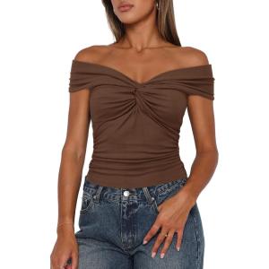 imageDarong Women Summer Twist Knot Front Off The Shoulder Tank Tops Cap Sleeve Going Out Shirts Slim Fitted Y2K OutfitsCoffee