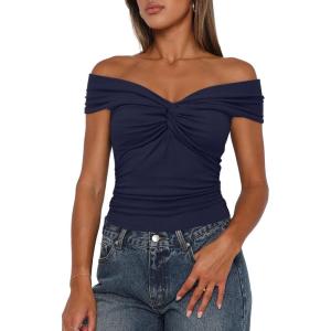 imageDarong Women Summer Twist Knot Front Off The Shoulder Tank Tops Cap Sleeve Going Out Shirts Slim Fitted Y2K OutfitsDark Blue