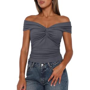 imageDarong Women Summer Twist Knot Front Off The Shoulder Tank Tops Cap Sleeve Going Out Shirts Slim Fitted Y2K OutfitsGrey
