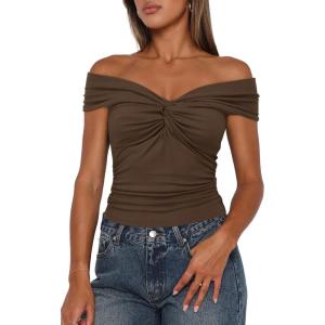imageDarong Women Summer Twist Knot Front Off The Shoulder Tank Tops Cap Sleeve Going Out Shirts Slim Fitted Y2K OutfitsKhaki