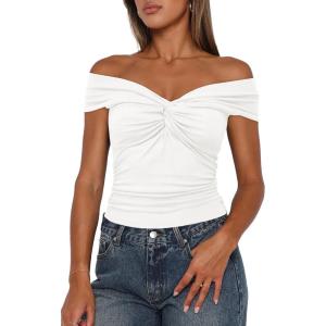 imageDarong Women Summer Twist Knot Front Off The Shoulder Tank Tops Cap Sleeve Going Out Shirts Slim Fitted Y2K OutfitsWhite