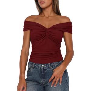 imageDarong Women Summer Twist Knot Front Off The Shoulder Tank Tops Cap Sleeve Going Out Shirts Slim Fitted Y2K OutfitsWine Red