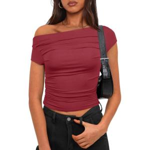 imageDarong Womens Summer Cap Sleeve Boat Neck Off Shoulder Top Going Out Slim Fit Tops Y2K Tight ShirtsBrick Red