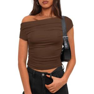 imageDarong Womens Summer Cap Sleeve Boat Neck Off Shoulder Top Going Out Slim Fit Tops Y2K Tight ShirtsCoffee