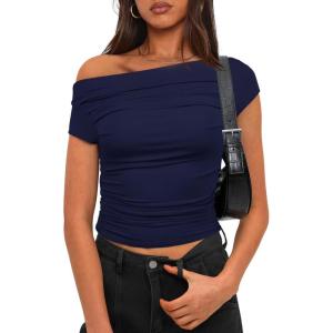 imageDarong Womens Summer Cap Sleeve Boat Neck Off Shoulder Top Going Out Slim Fit Tops Y2K Tight ShirtsDark Blue