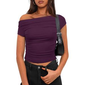 imageDarong Womens Summer Cap Sleeve Boat Neck Off Shoulder Top Going Out Slim Fit Tops Y2K Tight ShirtsDark Purple
