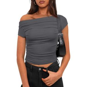 imageDarong Womens Summer Cap Sleeve Boat Neck Off Shoulder Top Going Out Slim Fit Tops Y2K Tight ShirtsGrey