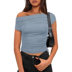 imageDarong Womens Summer Cap Sleeve Boat Neck Off Shoulder Top Going Out Slim Fit Tops Y2K Tight ShirtsGrey Blue