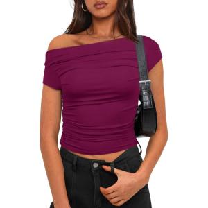 imageDarong Womens Summer Cap Sleeve Boat Neck Off Shoulder Top Going Out Slim Fit Tops Y2K Tight ShirtsHot Pink