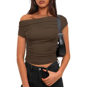 imageDarong Womens Summer Cap Sleeve Boat Neck Off Shoulder Top Going Out Slim Fit Tops Y2K Tight ShirtsKhaki