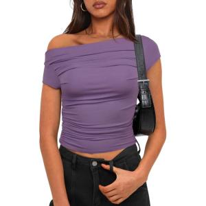 imageDarong Womens Summer Cap Sleeve Boat Neck Off Shoulder Top Going Out Slim Fit Tops Y2K Tight ShirtsLavender