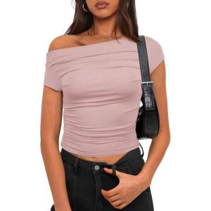 imageDarong Womens Summer Cap Sleeve Boat Neck Off Shoulder Top Going Out Slim Fit Tops Y2K Tight ShirtsLight Pink
