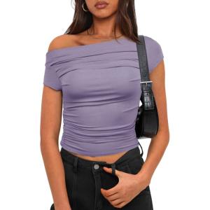 imageDarong Womens Summer Cap Sleeve Boat Neck Off Shoulder Top Going Out Slim Fit Tops Y2K Tight ShirtsLight Purple