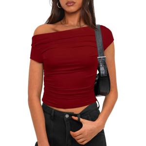 imageDarong Womens Summer Cap Sleeve Boat Neck Off Shoulder Top Going Out Slim Fit Tops Y2K Tight ShirtsRed