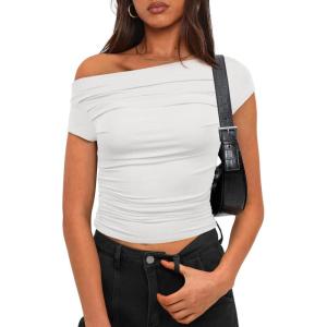 imageDarong Womens Summer Cap Sleeve Boat Neck Off Shoulder Top Going Out Slim Fit Tops Y2K Tight ShirtsWhite