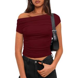 imageDarong Womens Summer Cap Sleeve Boat Neck Off Shoulder Top Going Out Slim Fit Tops Y2K Tight ShirtsWine Red