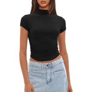 imageDarong Womens Summer Tops Mock Neck Short Sleeve Shirts Casual Basic Going Out Crop Tops Slim Fit T ShirtsBlack