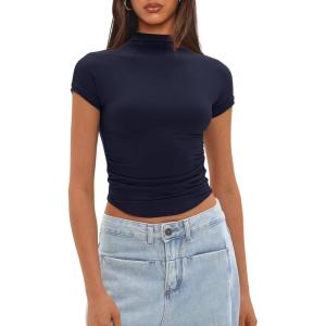 imageDarong Womens Summer Tops Mock Neck Short Sleeve Shirts Casual Basic Going Out Crop Tops Slim Fit T ShirtsDark Blue