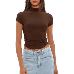 imageDarong Womens Summer Tops Mock Neck Short Sleeve Shirts Casual Basic Going Out Crop Tops Slim Fit T ShirtsDark Coffee
