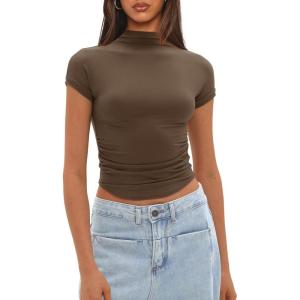 imageDarong Womens Summer Tops Mock Neck Short Sleeve Shirts Casual Basic Going Out Crop Tops Slim Fit T ShirtsKhaki