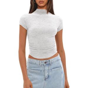 imageDarong Womens Summer Tops Mock Neck Short Sleeve Shirts Casual Basic Going Out Crop Tops Slim Fit T ShirtsWhite Grey