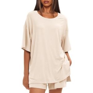 imageDarong Womens Two Piece Loungewear Set Summer Casual Boxy Shirts Drawstring Shorts Matching Airport Travel OutfitBeige