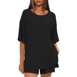 imageDarong Womens Two Piece Loungewear Set Summer Casual Boxy Shirts Drawstring Shorts Matching Airport Travel OutfitBlack