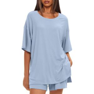 imageDarong Womens Two Piece Loungewear Set Summer Casual Boxy Shirts Drawstring Shorts Matching Airport Travel OutfitBlue
