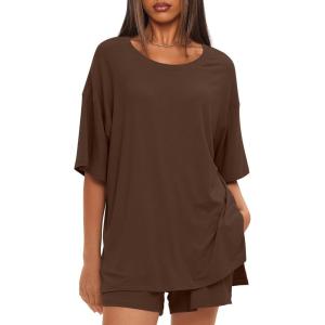 imageDarong Womens Two Piece Loungewear Set Summer Casual Boxy Shirts Drawstring Shorts Matching Airport Travel OutfitCoffee