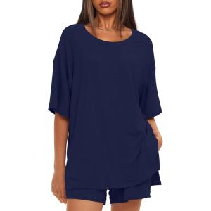 imageDarong Womens Two Piece Loungewear Set Summer Casual Boxy Shirts Drawstring Shorts Matching Airport Travel OutfitDark Blue