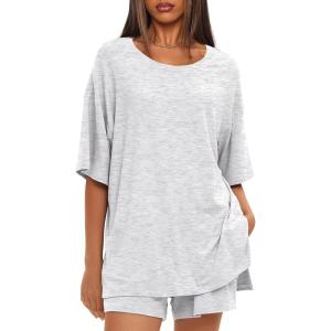 imageDarong Womens Two Piece Loungewear Set Summer Casual Boxy Shirts Drawstring Shorts Matching Airport Travel OutfitWhite Grey