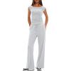 imageDarong Women 2 Piece Lounge Set Cap Sleeve Boat Neck Top Wide Leg Pants Set Summer Outfit Two Piece Mathing SetWhite Grey29 Inseam