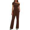 imageDarong Womens 2 Piece Outfits Lounge Sets Off Shoulder Short Sleeve Tops and High Waisted Wide Leg Pants Tracksuit SetsCoffee31 Inseam