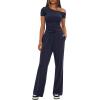 imageDarong Womens 2 Piece Outfits Lounge Sets Off Shoulder Short Sleeve Tops and High Waisted Wide Leg Pants Tracksuit SetsDark Blue31 Inseam