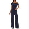 imageDarong Womens 2 Piece Outfits Lounge Sets Off Shoulder Short Sleeve Tops and High Waisted Wide Leg Pants Tracksuit SetsDark Blue31 Inseam