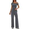 imageDarong Womens 2 Piece Outfits Lounge Sets Off Shoulder Short Sleeve Tops and High Waisted Wide Leg Pants Tracksuit SetsGrey29 Inseam