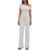 imageDarong Womens 2 Piece Outfits Lounge Sets Off Shoulder Short Sleeve Tops and High Waisted Wide Leg Pants Tracksuit SetsWhite Grey29 Inseam
