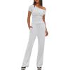 imageDarong Womens 2 Piece Outfits Lounge Sets Off Shoulder Short Sleeve Tops and High Waisted Wide Leg Pants Tracksuit SetsWhite Grey29 Inseam