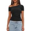 imageDarong Womens Double Lined Slim Fit Tshirt One Shoulder Short Sleeve Ruched Crop Top Fashion Outfit ClothesBlack
