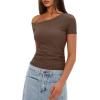imageDarong Womens Double Lined Slim Fit Tshirt One Shoulder Short Sleeve Ruched Crop Top Fashion Outfit ClothesCoffee