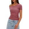 imageDarong Womens Double Lined Slim Fit Tshirt One Shoulder Short Sleeve Ruched Crop Top Fashion Outfit ClothesMerlot Red