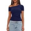 imageDarong Womens Double Lined Slim Fit Tshirt One Shoulder Short Sleeve Ruched Crop Top Fashion Outfit ClothesNavy Blue