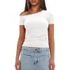 imageDarong Womens Double Lined Slim Fit Tshirt One Shoulder Short Sleeve Ruched Crop Top Fashion Outfit ClothesWhite