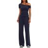 imageDarong Womens 2 Piece Outfits Lounge Sets Off Shoulder Short Sleeve Tops and High Waisted Wide Leg Pants Tracksuit SetsDark Blue31 Inseam