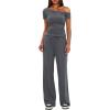 imageDarong Womens 2 Piece Outfits Lounge Sets Off Shoulder Short Sleeve Tops and High Waisted Wide Leg Pants Tracksuit SetsGrey29 Inseam